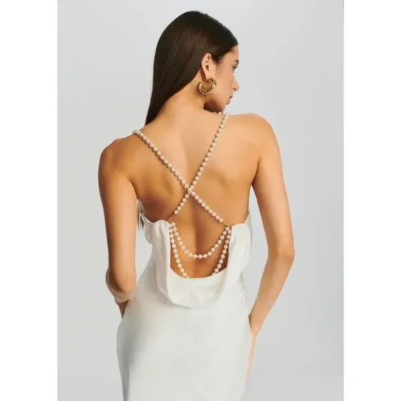 NWT Retrofete Cowl Neck Open Back Pearl Strap Electra Maxi Dress White Medium $5 - Picture 4 of 13